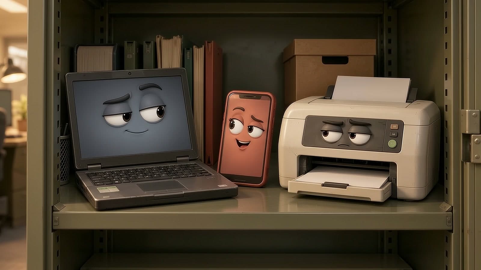 Hank the skeptical laptop, Gabi the chatty phone, and Marge the unimpressed printer sharing an IT storage cabinet.