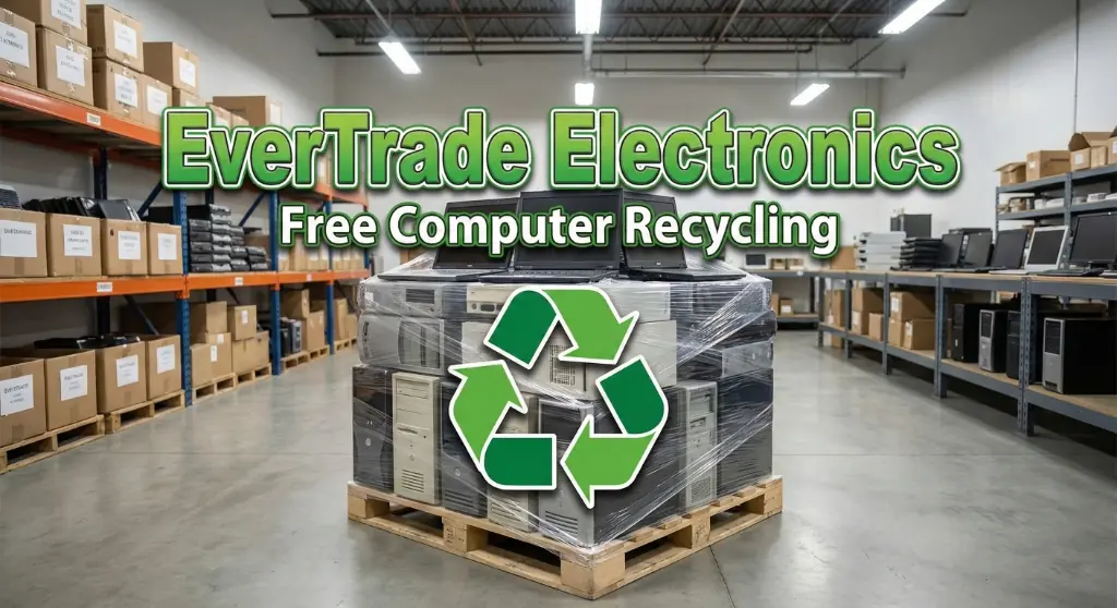 EverTrade Electronics warehouse facility with computers ready for free recycling in Sugar Land