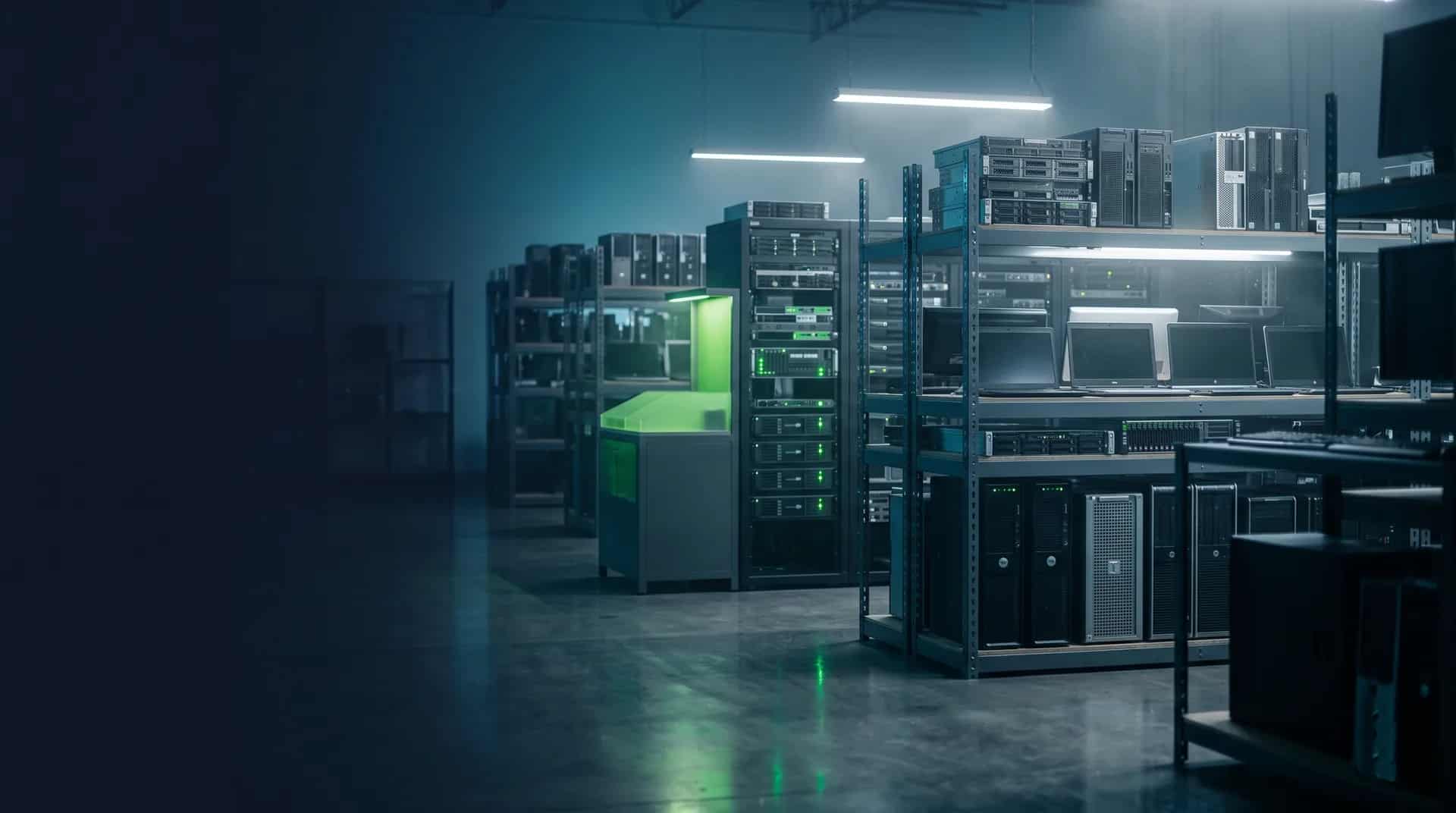 Organized racks of decommissioned servers, laptops, and IT equipment inside the EverTrade Electronics Recycling facility in Houston