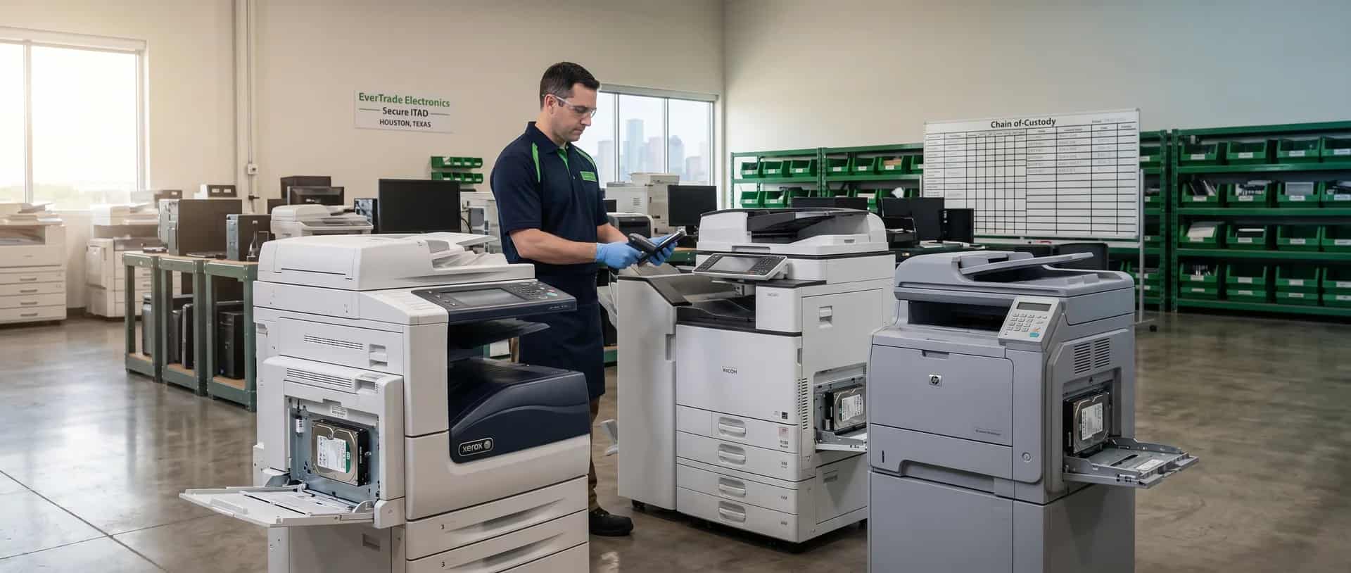 EverTrade Electronics technician documenting the internal hard drive of a multifunction printer at the Sugar Land Secure ITAD facility, with chain-of-custody whiteboard and Houston skyline visible